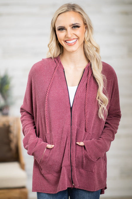 Burgundy Rib Knit Full Zip Hooded Top - Filly Flair