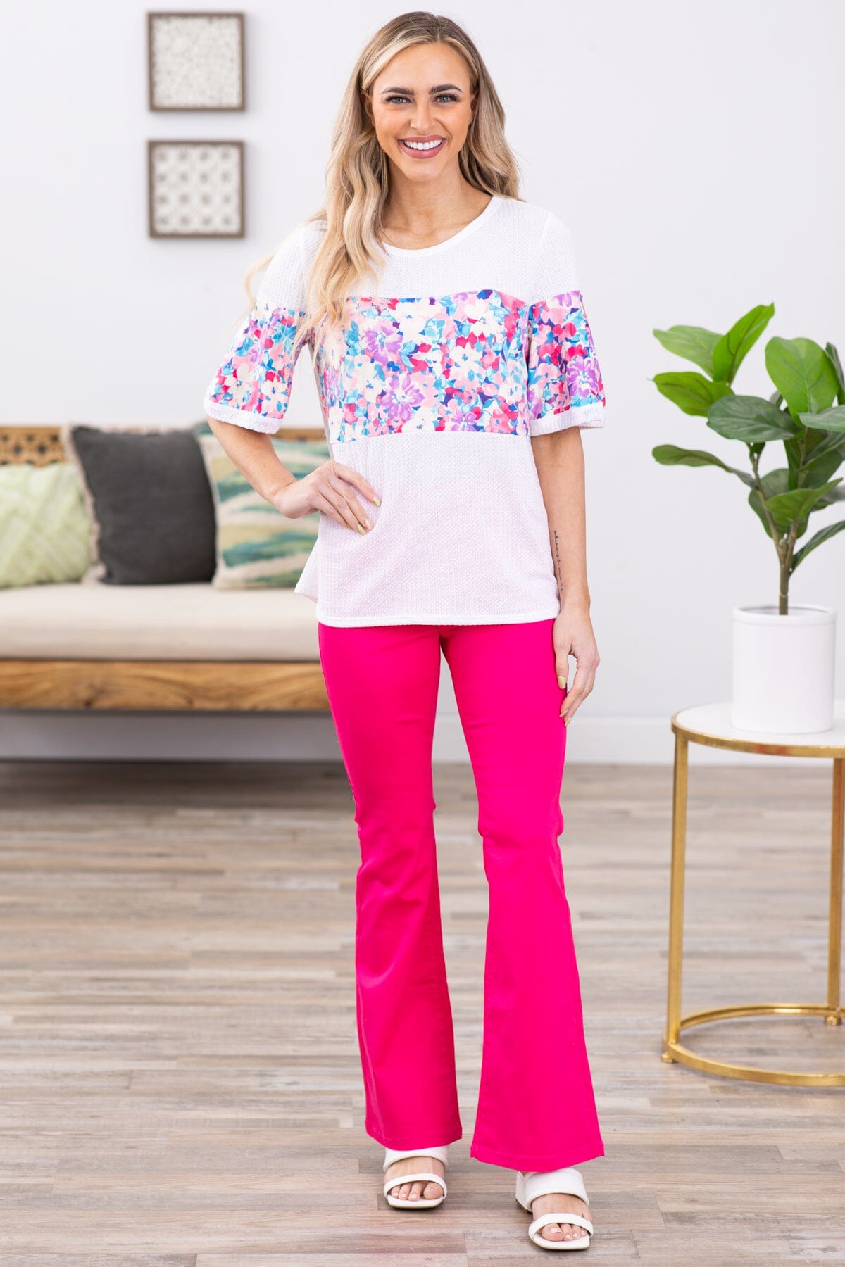 White Multicolor Floral Print Colorblock Top - Filly Flair