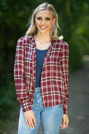 Burgundy and Beige Plaid Button Up Top - Filly Flair