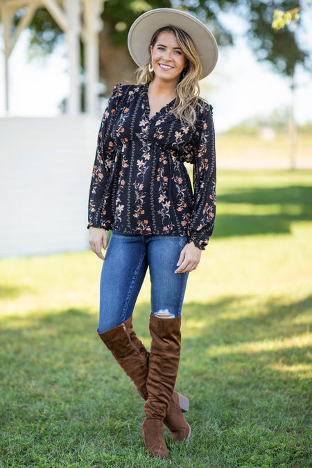 Black and Tan Floral Print Peplum Top - Filly Flair