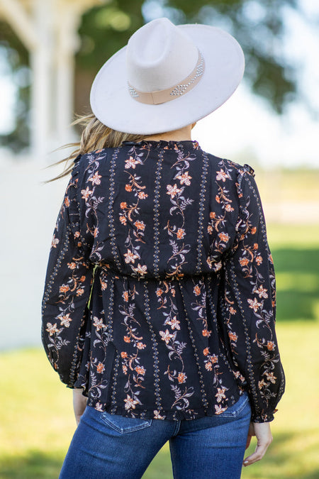 Black and Tan Floral Print Peplum Top - Filly Flair