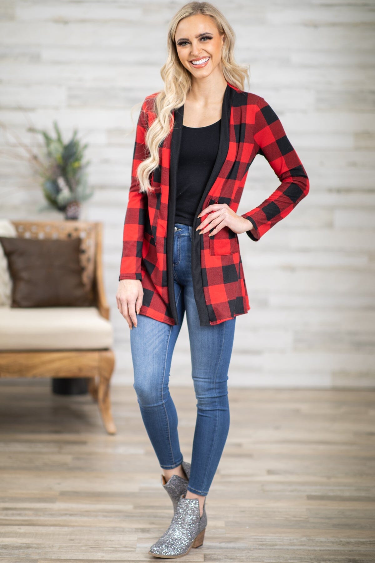 Red and black deals checkered cardigan