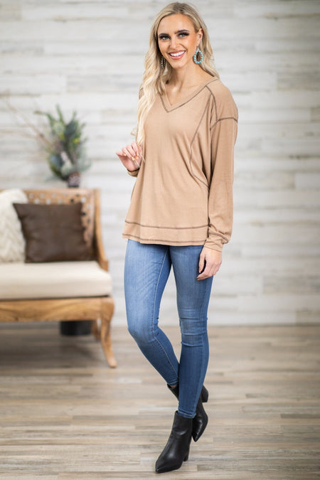 Taupe Contrast Seam V-Neck Top - Filly Flair