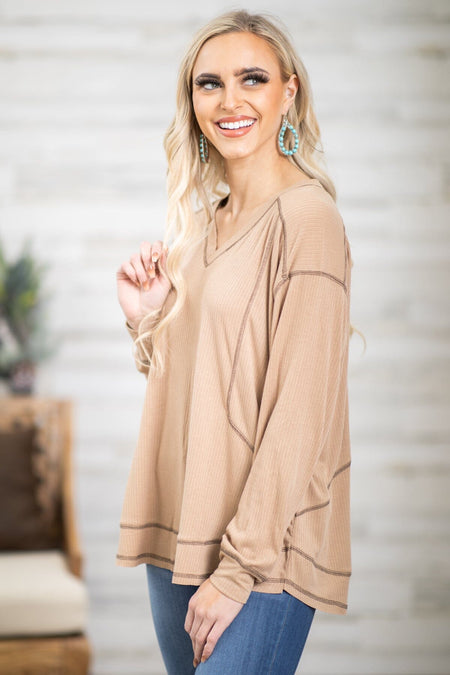 Taupe Contrast Seam V-Neck Top - Filly Flair