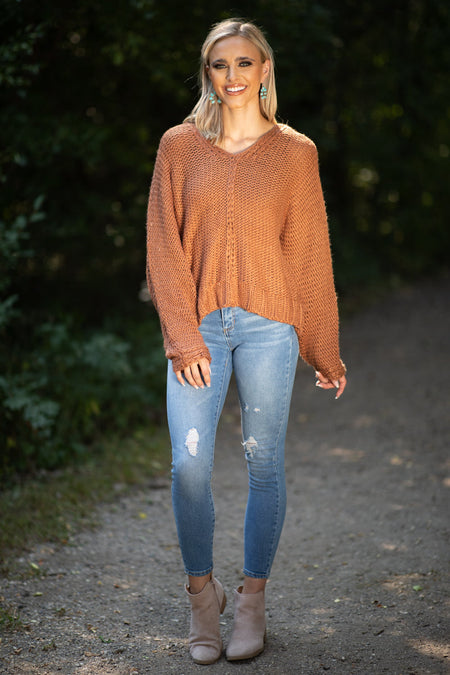 Cinnamon Front Seam V-Neck Sweater - Filly Flair