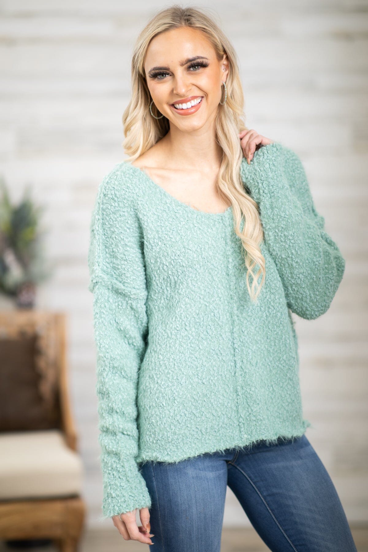 Sage V-Neck Eyelash Sweater - Filly Flair