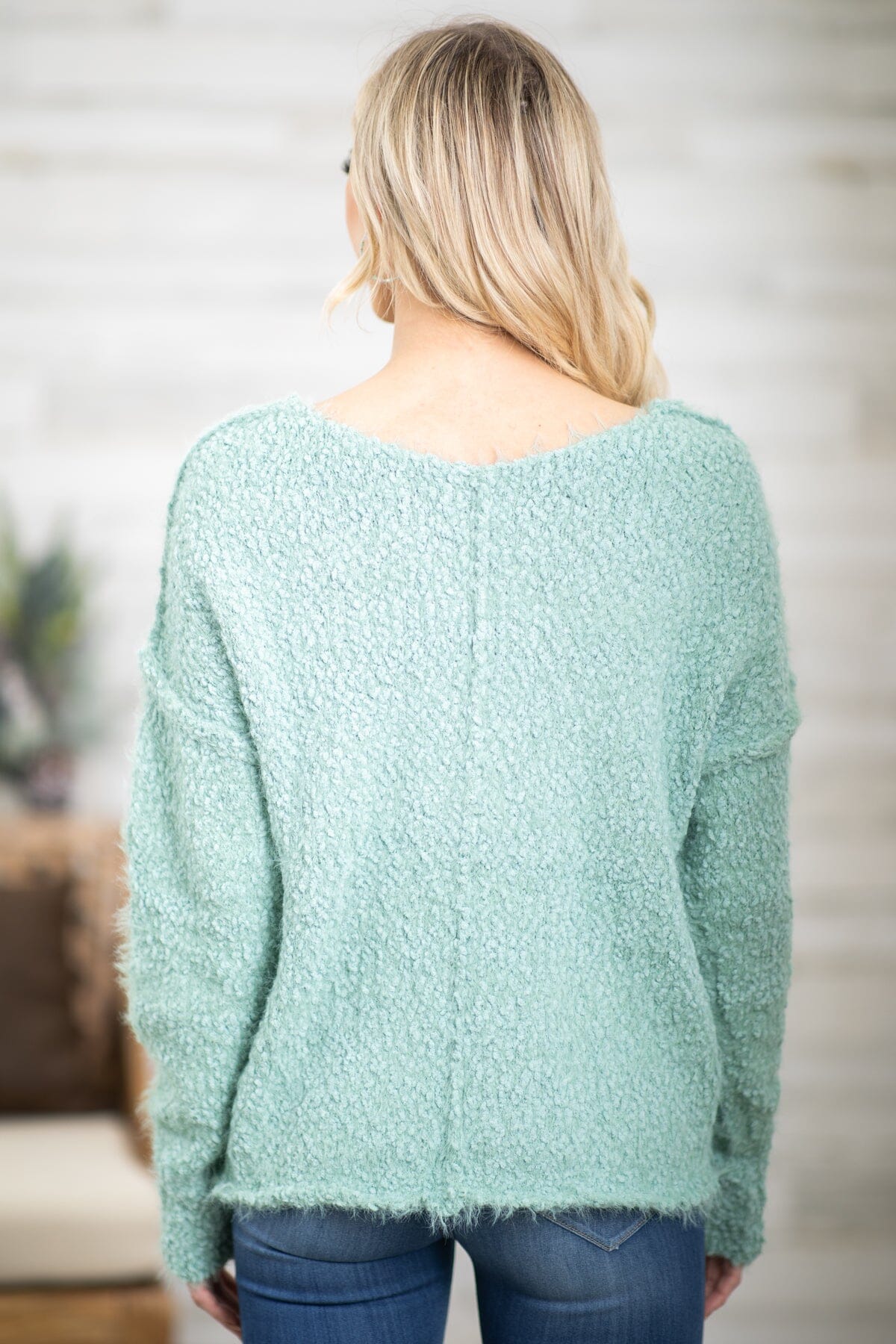 Sage V-Neck Eyelash Sweater - Filly Flair