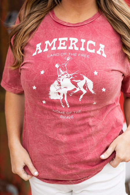 Crimson Washed Bucking Bronco Graphic Tee - Filly Flair