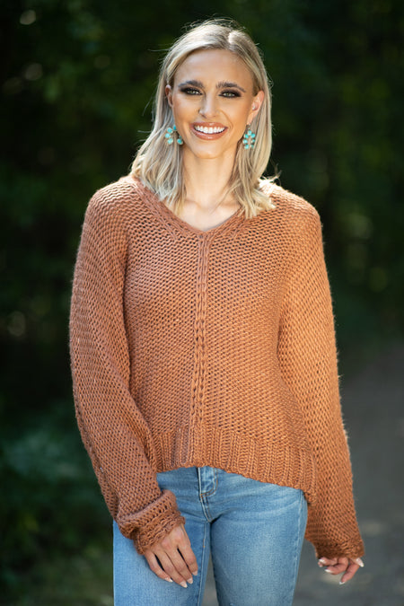 Cinnamon Front Seam V-Neck Sweater - Filly Flair