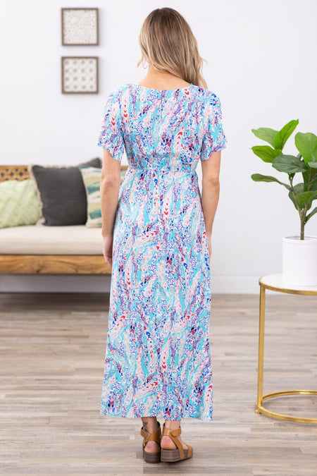 Aqua and Violet Leaf Print Maxi Dress - Filly Flair