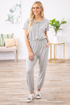 Grey Short Sleeve Jumpsuit With Pockets - Filly Flair