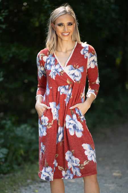 Cranberry and Blue Floral Surplice Front Dress - Filly Flair