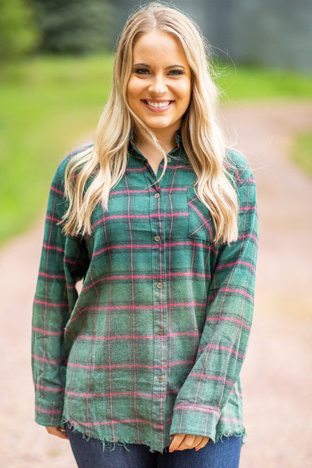 Hunter Green Plaid Button Up Raw Hem Top - Filly Flair