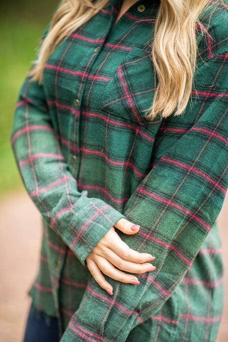 Hunter Green Plaid Button Up Raw Hem Top - Filly Flair