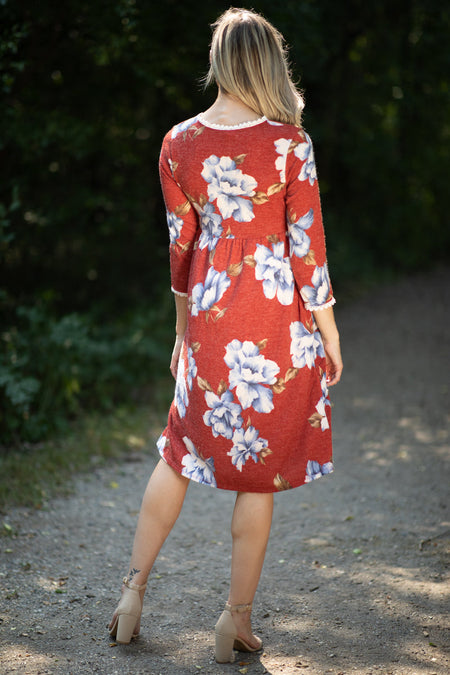 Cranberry and Blue Floral Surplice Front Dress - Filly Flair