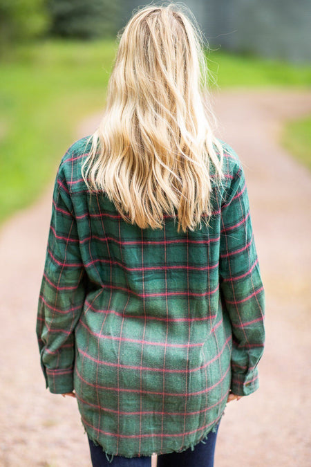 Hunter Green Plaid Button Up Raw Hem Top - Filly Flair