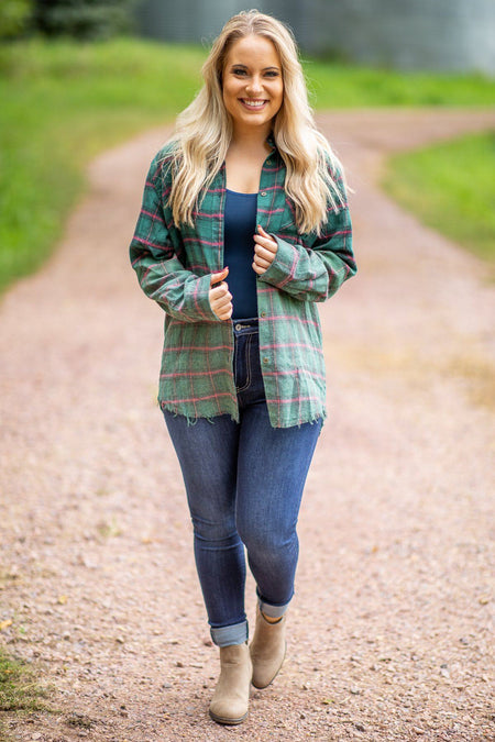 Hunter Green Plaid Button Up Raw Hem Top - Filly Flair