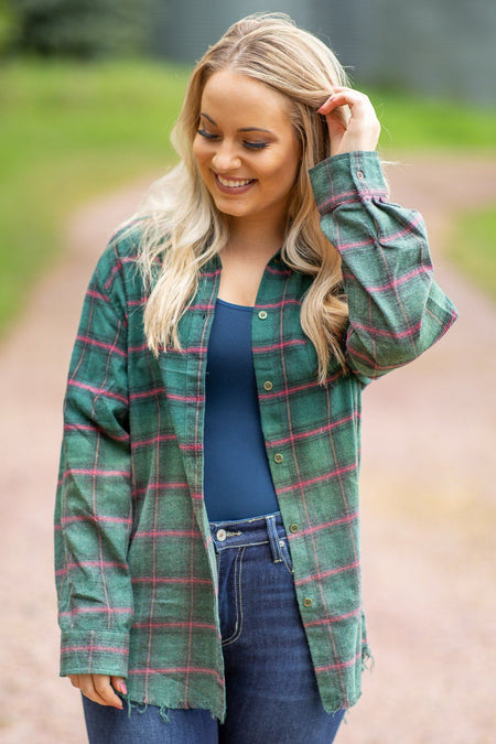 Hunter Green Plaid Button Up Raw Hem Top - Filly Flair