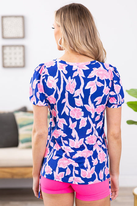 Cobalt and Neon Pink Floral Print Top - Filly Flair