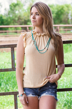 Light Mustard Rib Knit Ruffle Sleeveless Top - Filly Flair