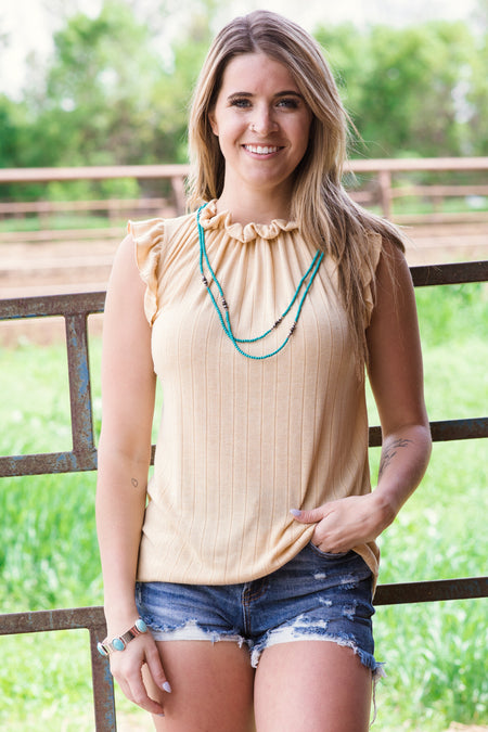 Light Mustard Rib Knit Ruffle Sleeveless Top - Filly Flair