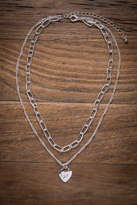 Silver Double Strand Heart Pendant Necklace - Filly Flair