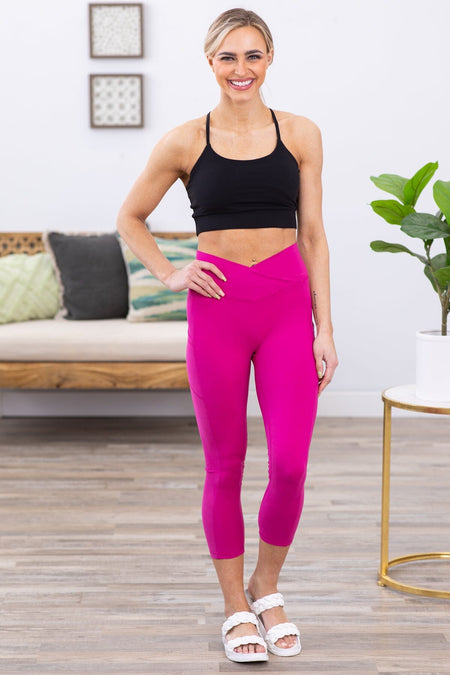 Fuchsia Crossover Waist Side Pocket Leggings - Filly Flair