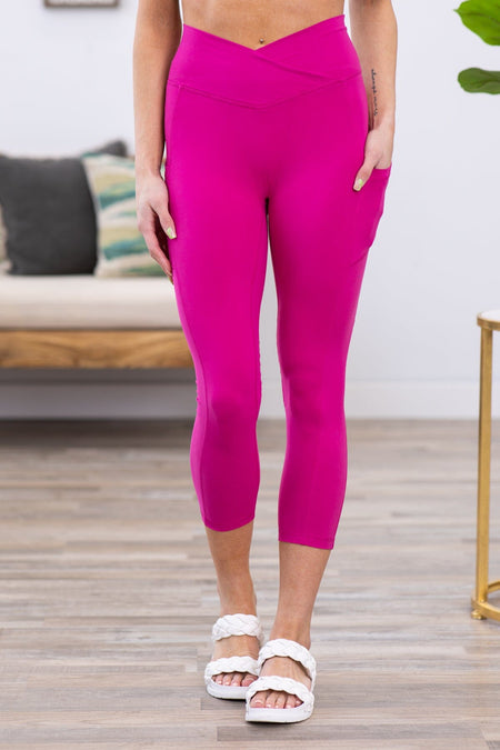 Fuchsia Crossover Waist Side Pocket Leggings - Filly Flair