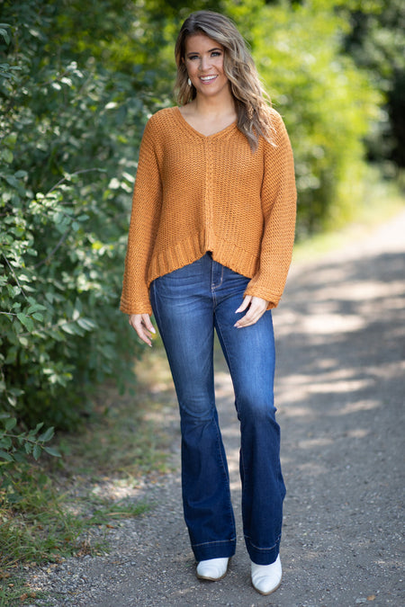 Mustard Front Seam V-Neck Sweater - Filly Flair