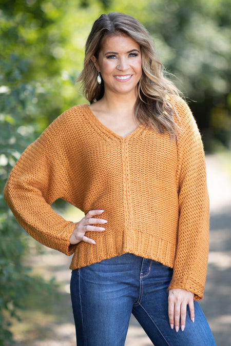 Mustard Front Seam V-Neck Sweater - Filly Flair