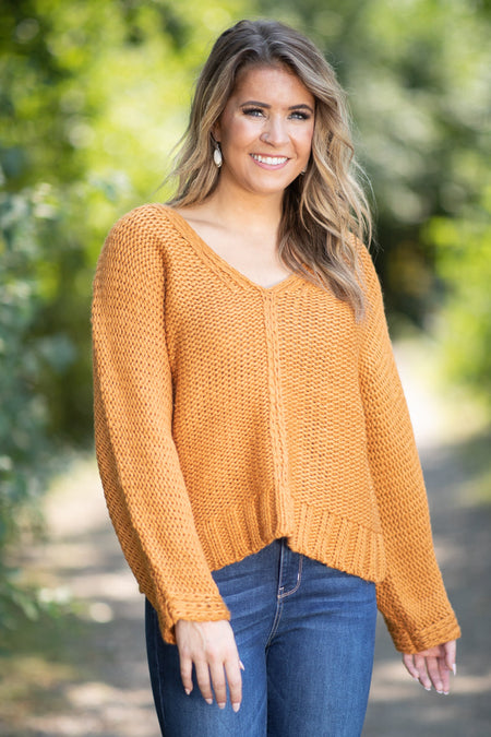 Mustard Front Seam V-Neck Sweater - Filly Flair