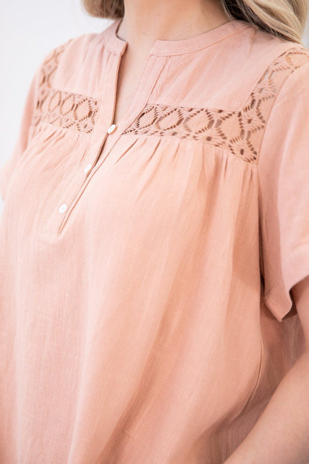 Peach Lace Trim Notch Neck Top - Filly Flair