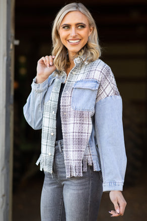 Light Wash Fray Hem Denim Jacket With Plaid - Filly Flair