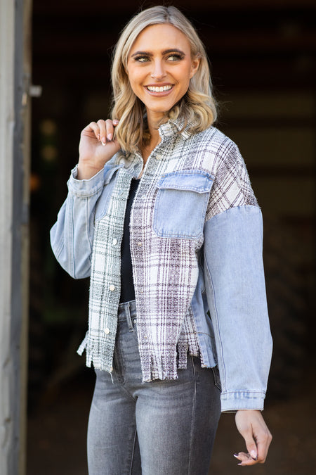 Light Wash Fray Hem Denim Jacket With Plaid - Filly Flair