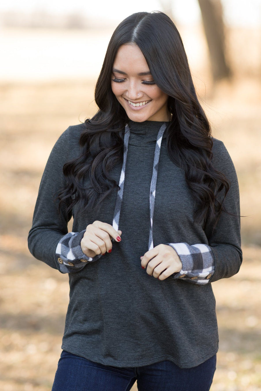 Charcoal Long Cuffed Buttoned Sleeve Hoodie - Filly Flair