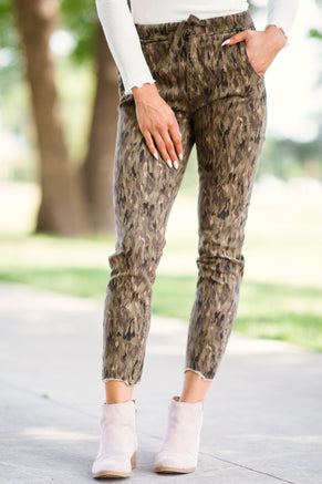 Olive Abstract Camouflage Print Jogger Jean - Filly Flair