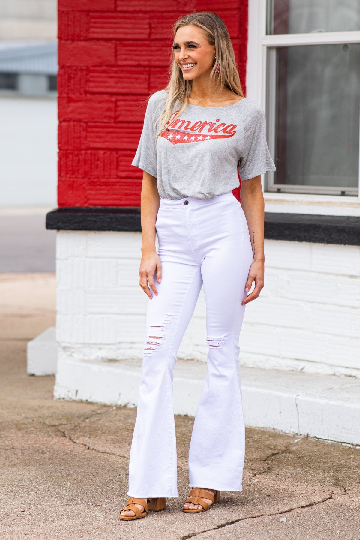 White distressed bell sales bottom jeans