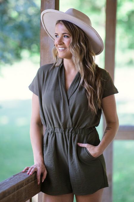 Olive Drape Collar Elastic Waist Romper - Filly Flair