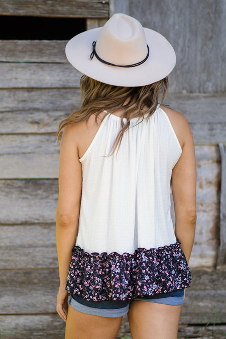 Off White and Black Floral Ruffle Trim Tank - Filly Flair