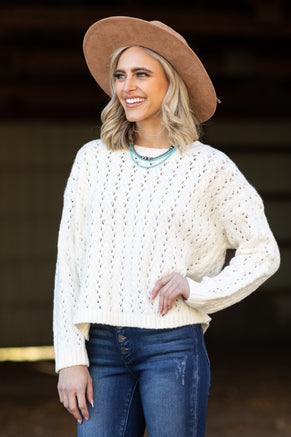 Ivory Pointelle Drop Shoulder Sweater - Filly Flair