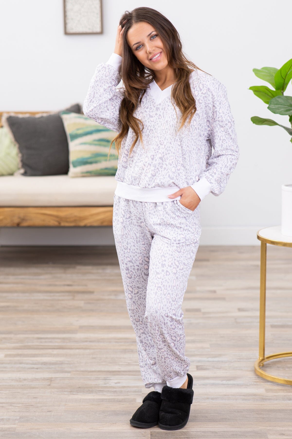 Grey Animal Print Top and Jogger Lounge Set - Filly Flair