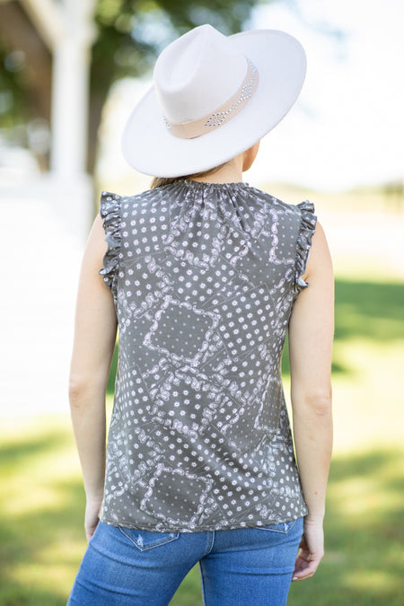 Olive Ruffle Trim Paisley Patchwork Tank - Filly Flair