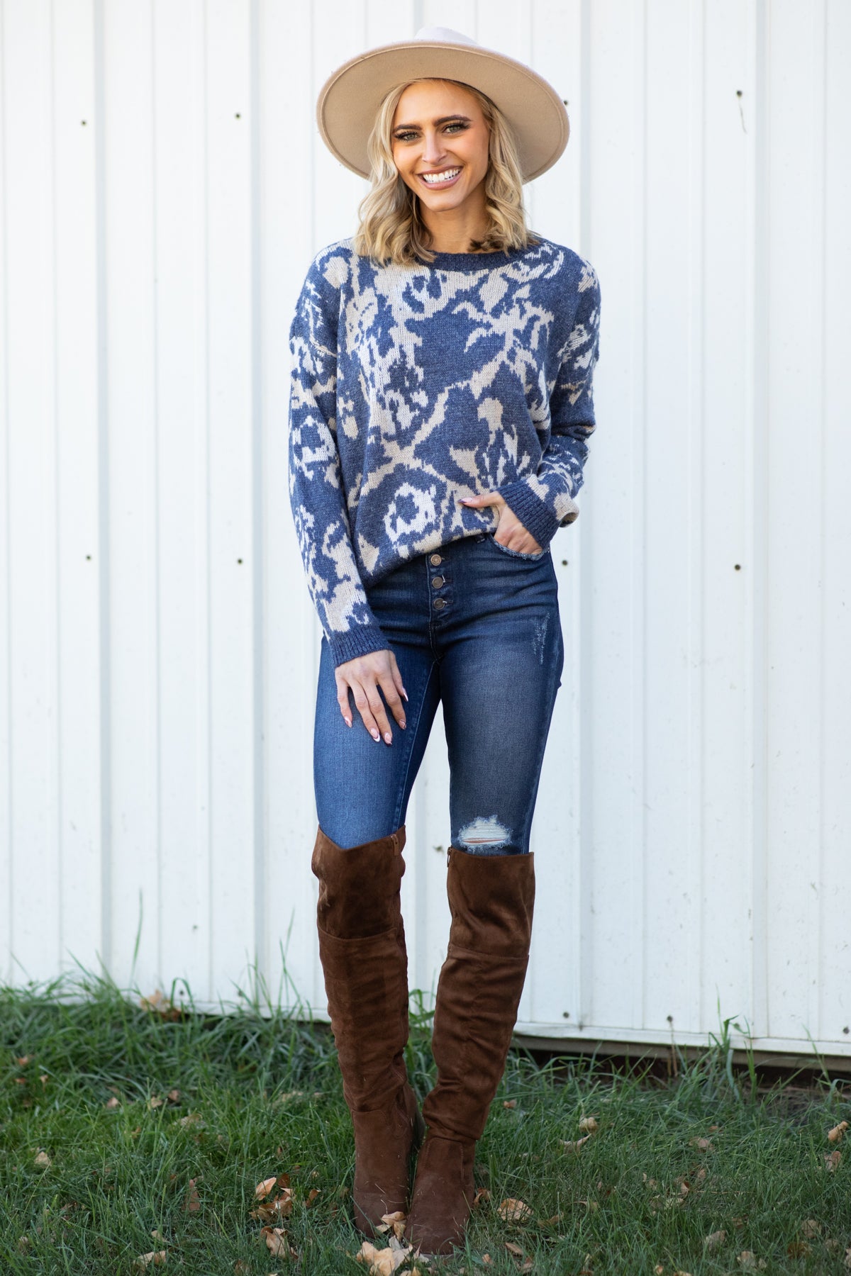 Slate Blue Abstract Floral Print Sweater - Filly Flair