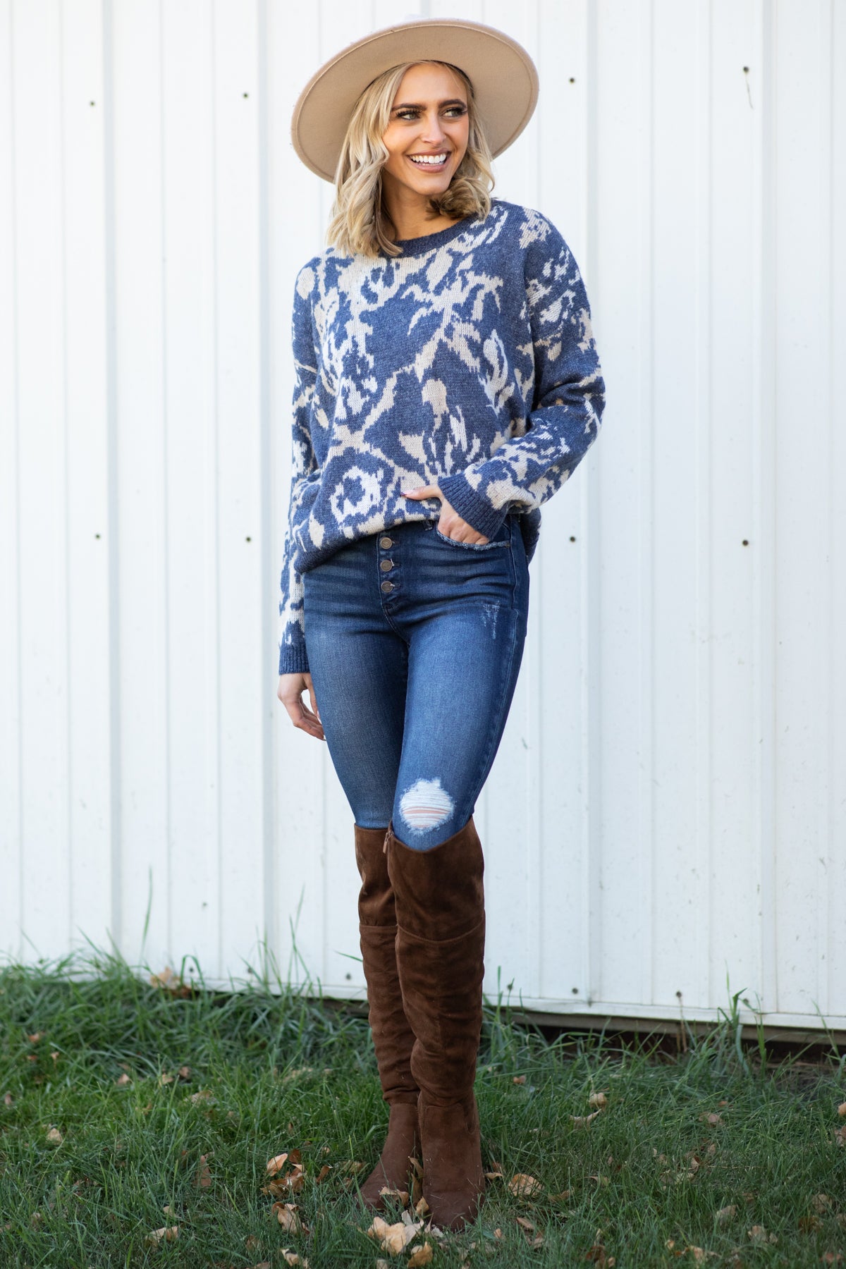 Slate Blue Abstract Floral Print Sweater - Filly Flair