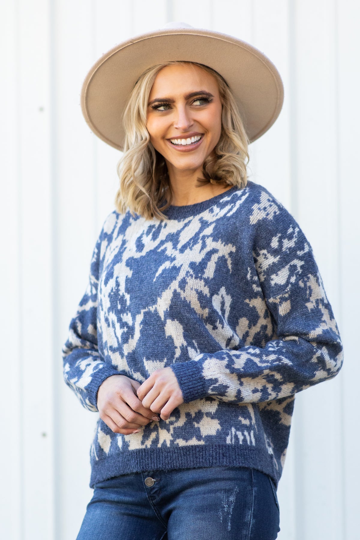 Slate Blue Abstract Floral Print Sweater - Filly Flair