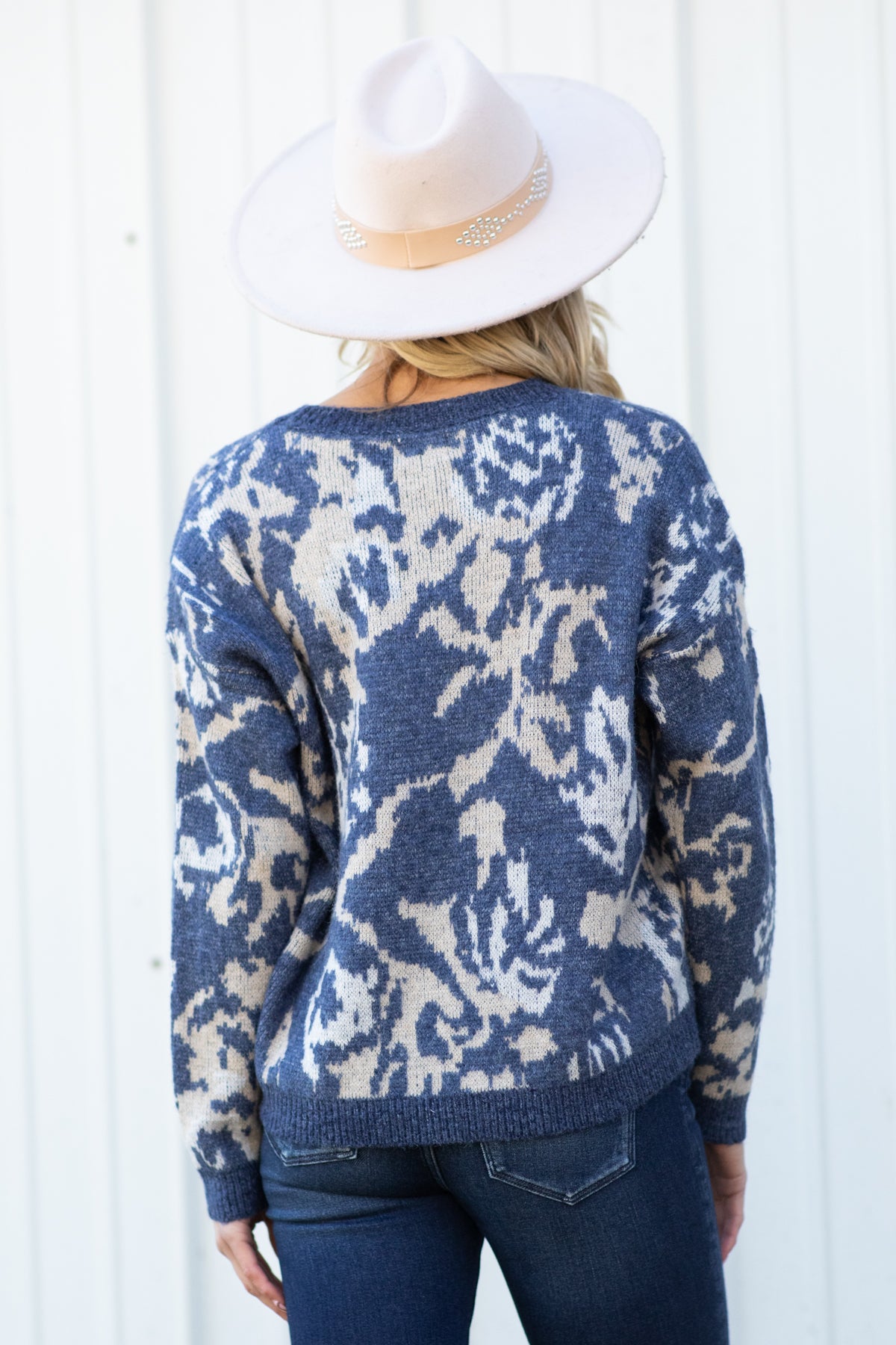 Slate Blue Abstract Floral Print Sweater - Filly Flair