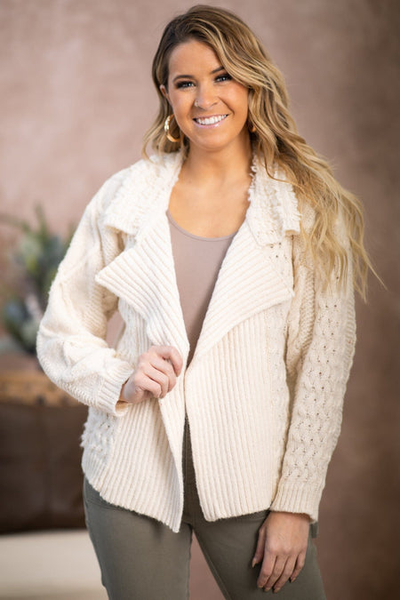 Ivory Cable Knit Sleeve Ribbed Cardigan - Filly Flair