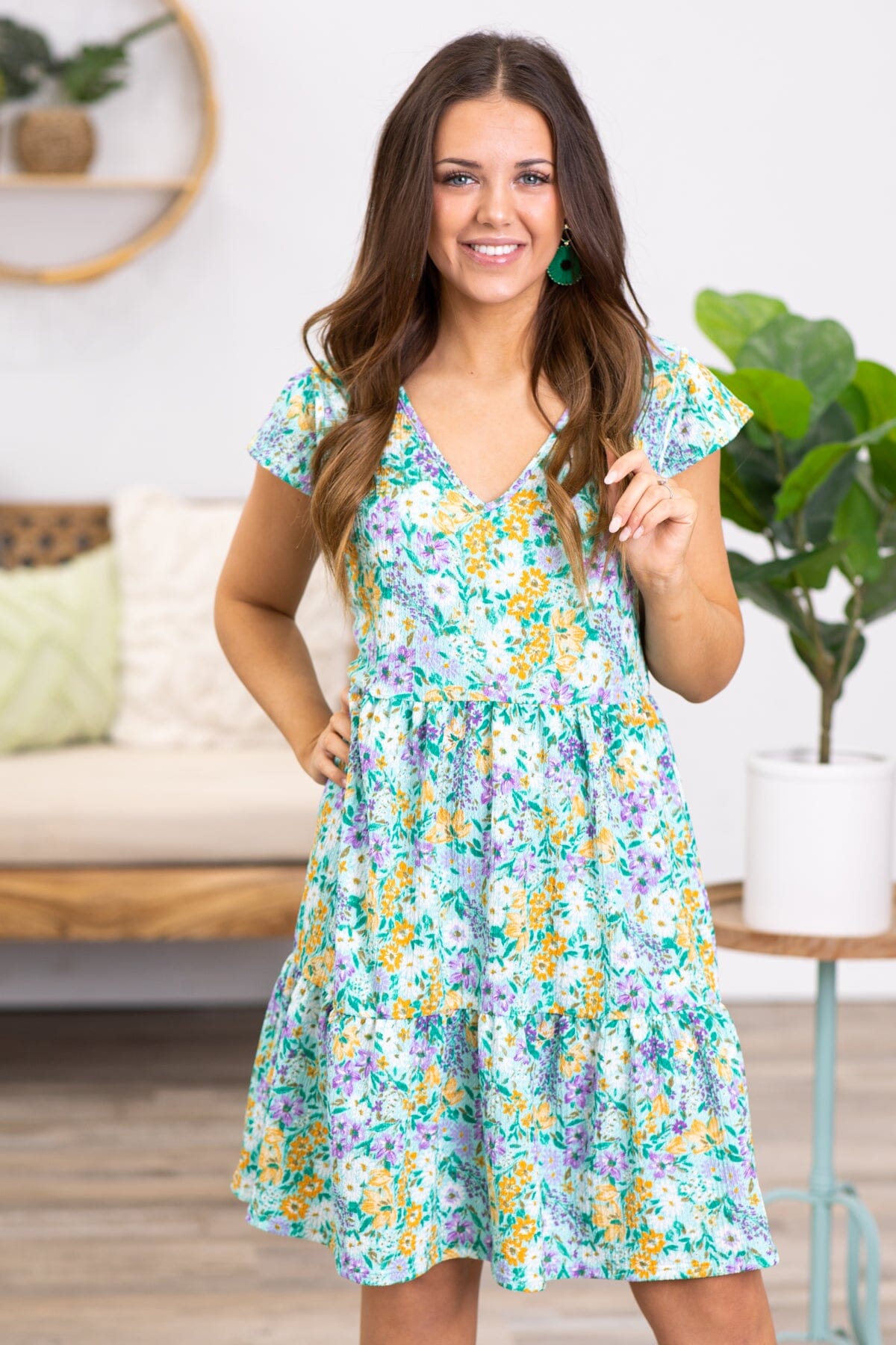 Turquoise And Mustard Floral Print Dress · Filly Flair