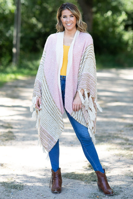 Light Pink and Cream Fringe Trim Cardigan - Filly Flair