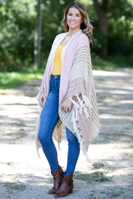 Light Pink and Cream Fringe Trim Cardigan - Filly Flair